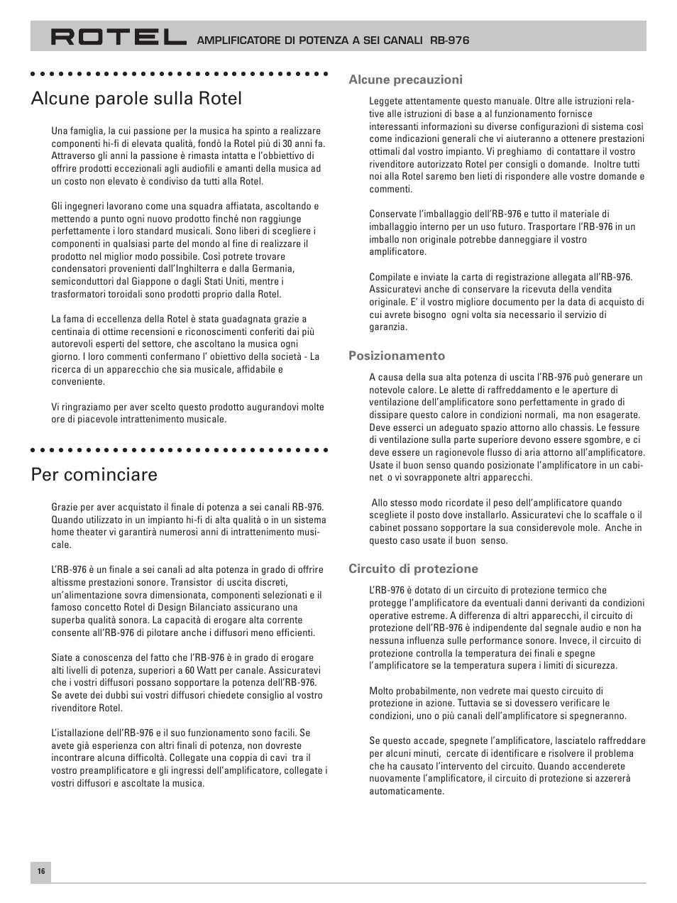 Alcune parole sulla rotel, Per cominciare | ROTEL Six Channel Power Amplifier RB-976 User Manual | Page 20 / 30