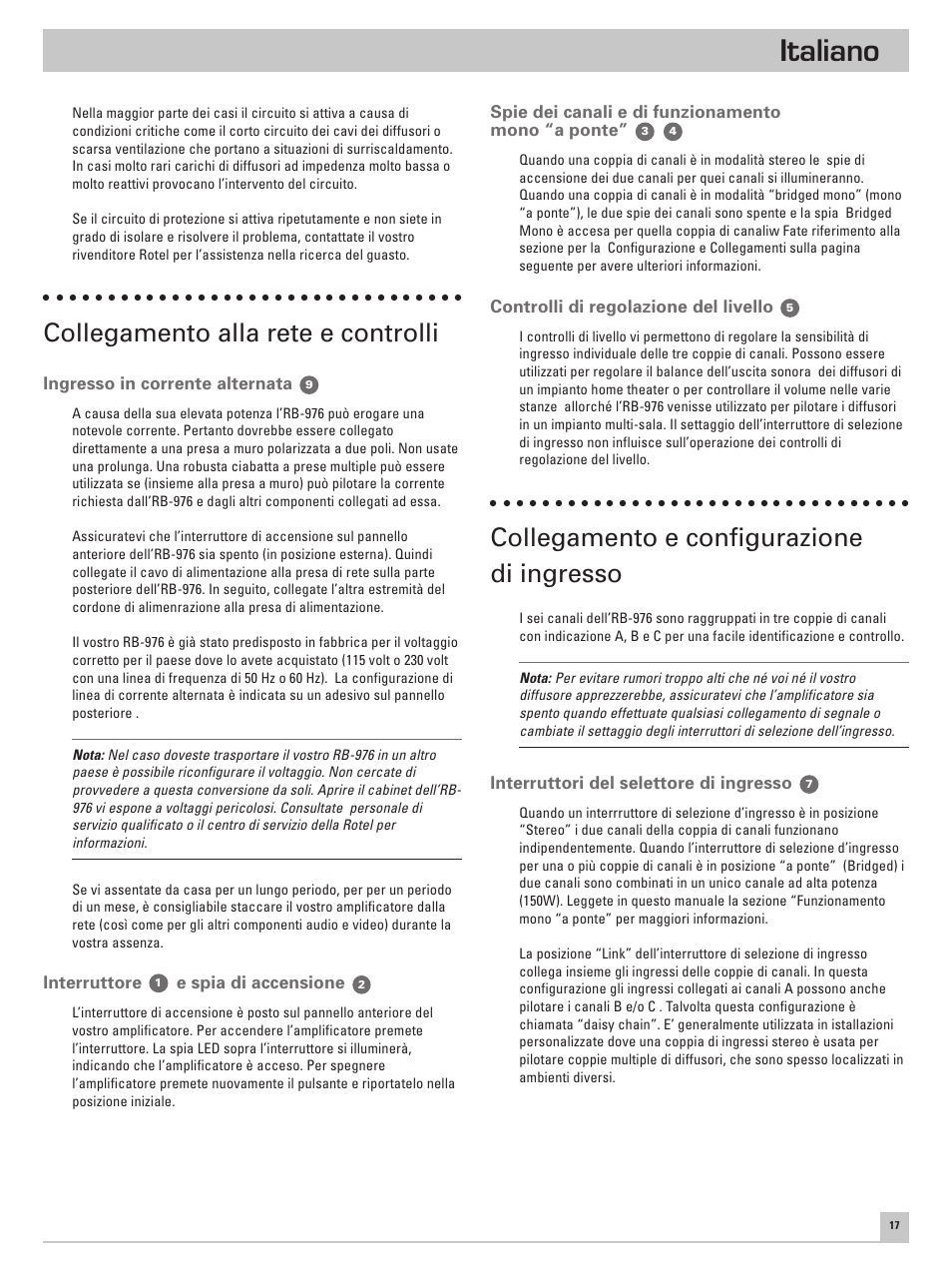 Italiano, Collegamento alla rete e controlli, Collegamento e configurazione di ingresso | ROTEL Six Channel Power Amplifier RB-976 User Manual | Page 21 / 30