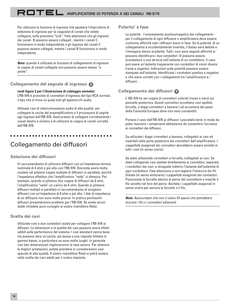 Collegamento dei diffusori | ROTEL Six Channel Power Amplifier RB-976 User Manual | Page 22 / 30