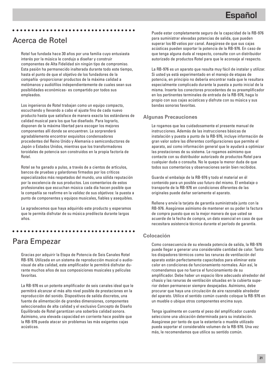 Español, Acerca de rotel, Para empezar | ROTEL Six Channel Power Amplifier RB-976 User Manual | Page 25 / 30