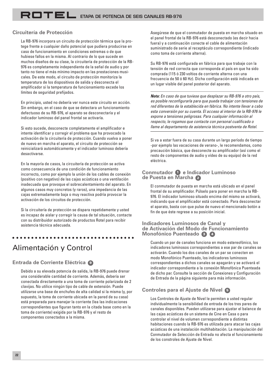 Alimentación y control | ROTEL Six Channel Power Amplifier RB-976 User Manual | Page 26 / 30