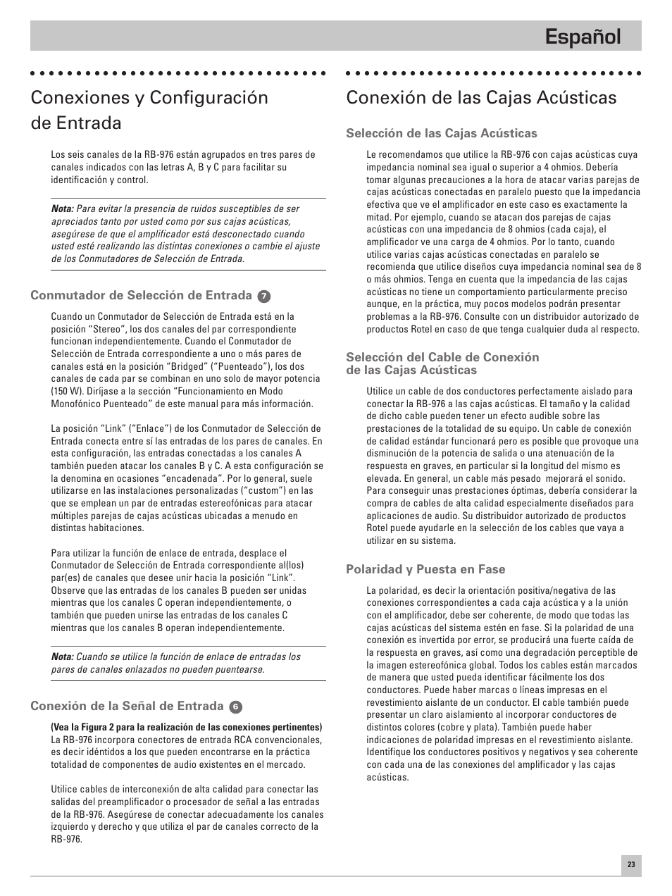 Español, Conexiones y configuración de entrada, Conexión de las cajas acústicas | ROTEL Six Channel Power Amplifier RB-976 User Manual | Page 27 / 30