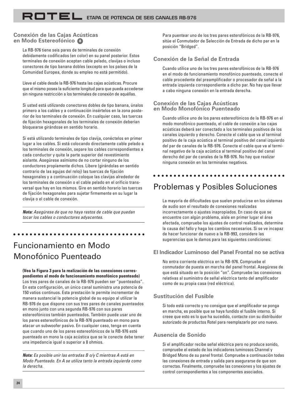Funcionamiento en modo monofónico puenteado, Problemas y posibles soluciones | ROTEL Six Channel Power Amplifier RB-976 User Manual | Page 28 / 30