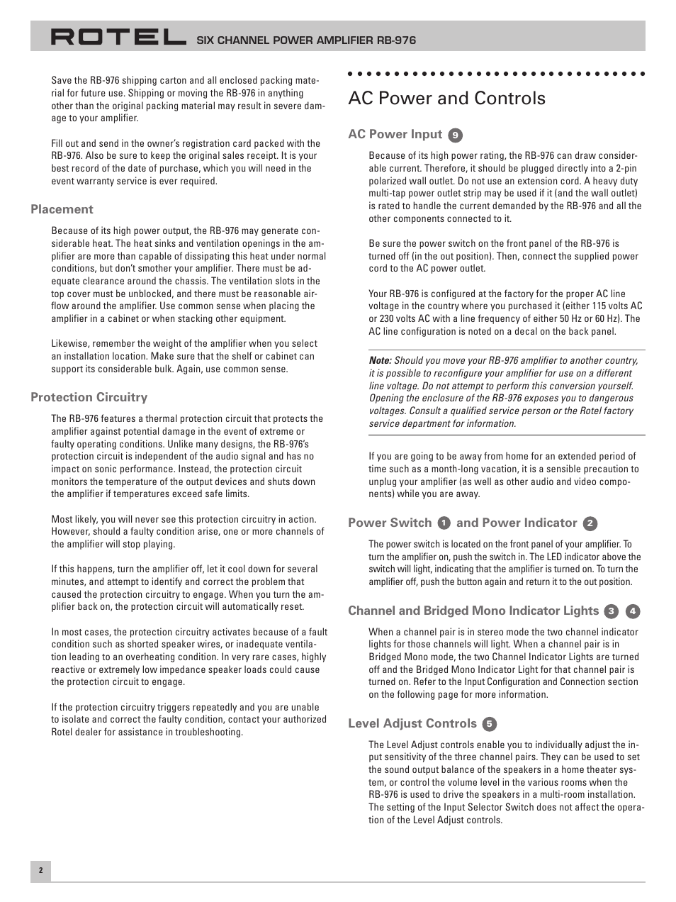Ac power and controls | ROTEL Six Channel Power Amplifier RB-976 User Manual | Page 6 / 30