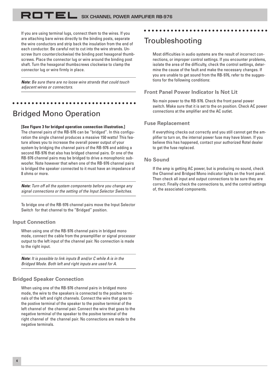 Bridged mono operation, Troubleshooting | ROTEL Six Channel Power Amplifier RB-976 User Manual | Page 8 / 30