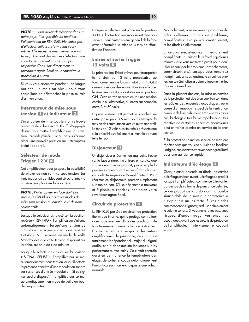 ROTEL High Current Two Channel Amplifier RB-1050 User Manual | Page 10 / 34