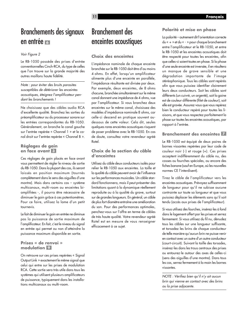 Branchements des signaux en entrée, Branchement des enceintes acoustiques | ROTEL High Current Two Channel Amplifier RB-1050 User Manual | Page 11 / 34