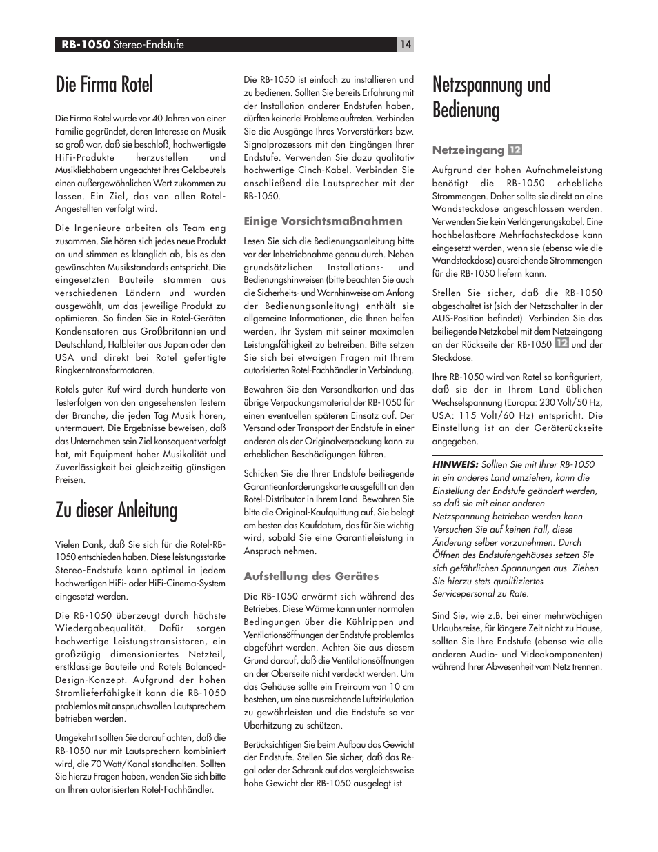 Die firma rotel, Zu dieser anleitung, Netzspannung und bedienung | ROTEL High Current Two Channel Amplifier RB-1050 User Manual | Page 14 / 34