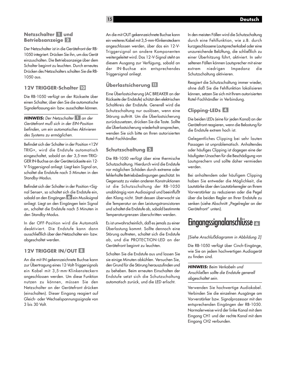 Eingangssignalanschlüsse | ROTEL High Current Two Channel Amplifier RB-1050 User Manual | Page 15 / 34