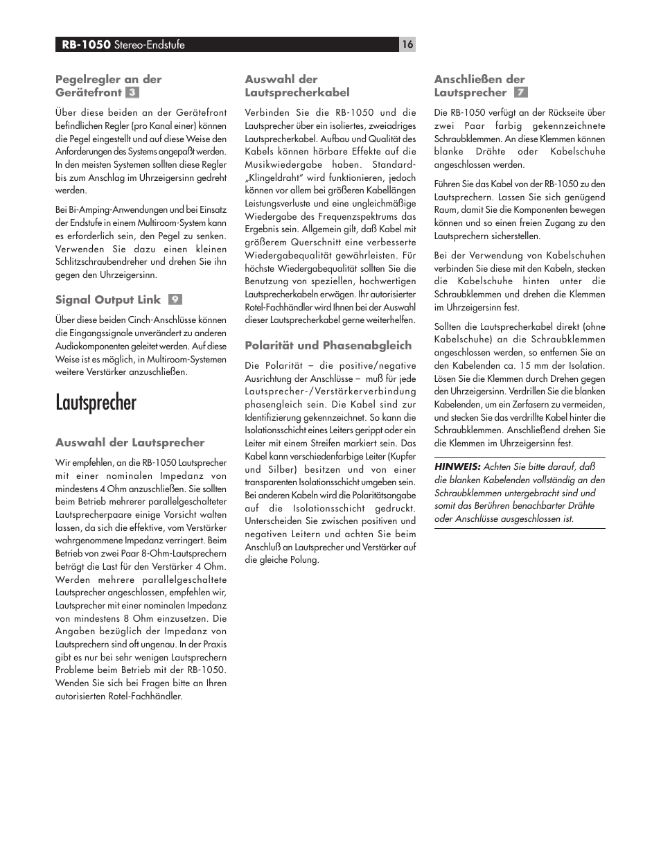 Lautsprecher | ROTEL High Current Two Channel Amplifier RB-1050 User Manual | Page 16 / 34