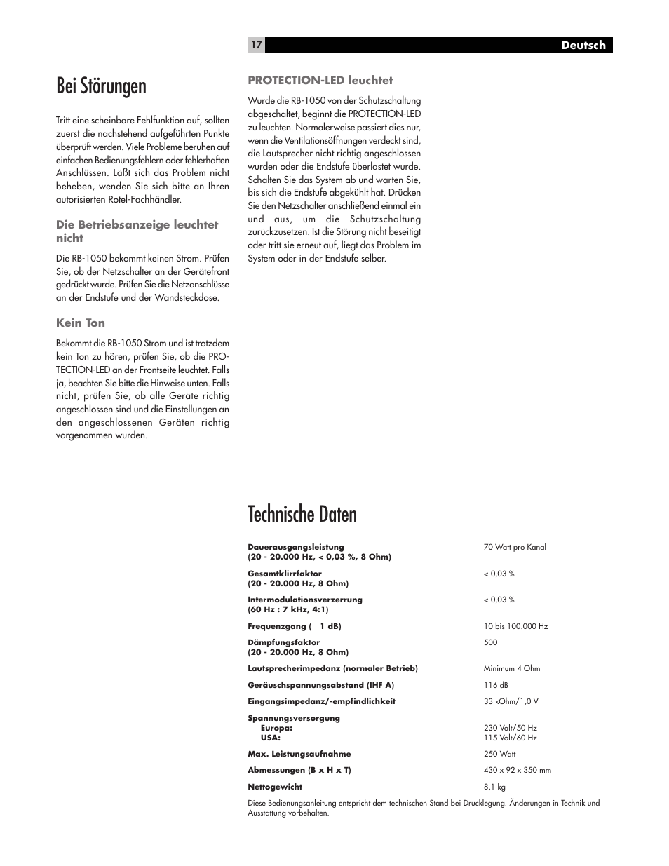 Bei störungen, Technische daten | ROTEL High Current Two Channel Amplifier RB-1050 User Manual | Page 17 / 34