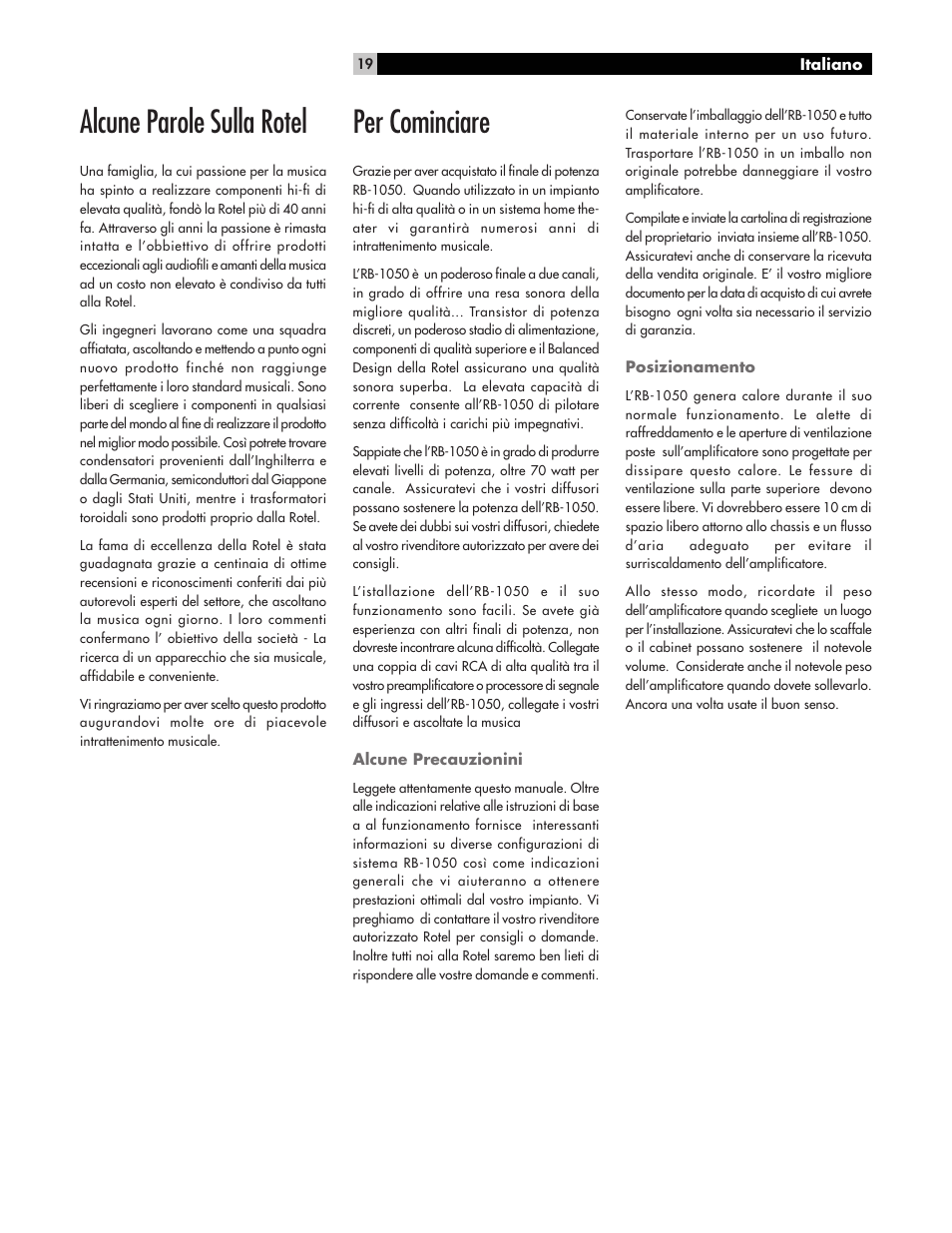 Alcune parole sulla rotel, Per cominciare | ROTEL High Current Two Channel Amplifier RB-1050 User Manual | Page 19 / 34
