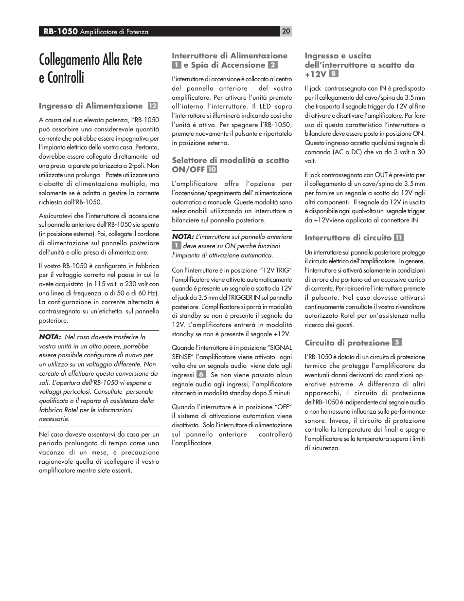 Collegamento alla rete e controlli | ROTEL High Current Two Channel Amplifier RB-1050 User Manual | Page 20 / 34