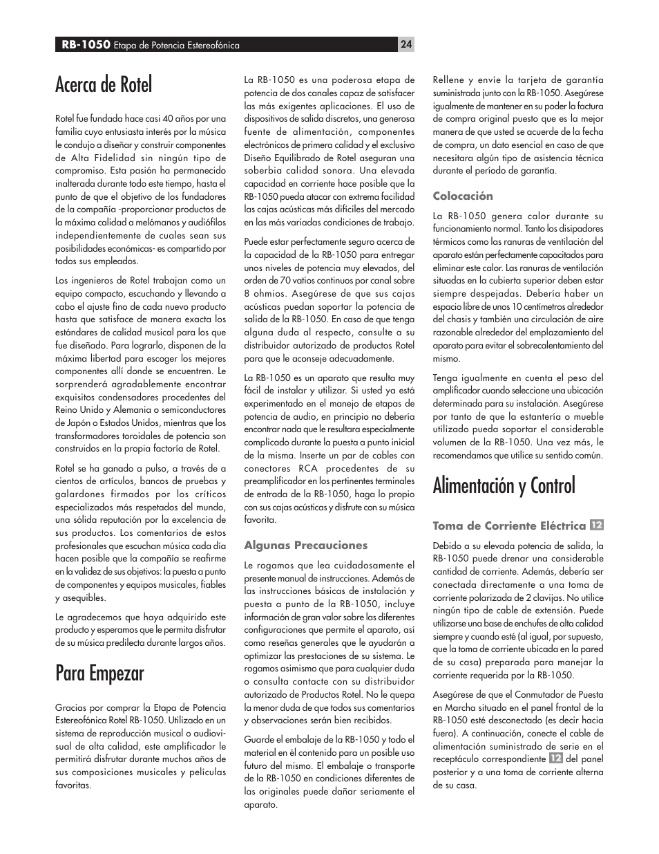 Acerca de rotel, Para empezar, Alimentación y control | ROTEL High Current Two Channel Amplifier RB-1050 User Manual | Page 24 / 34