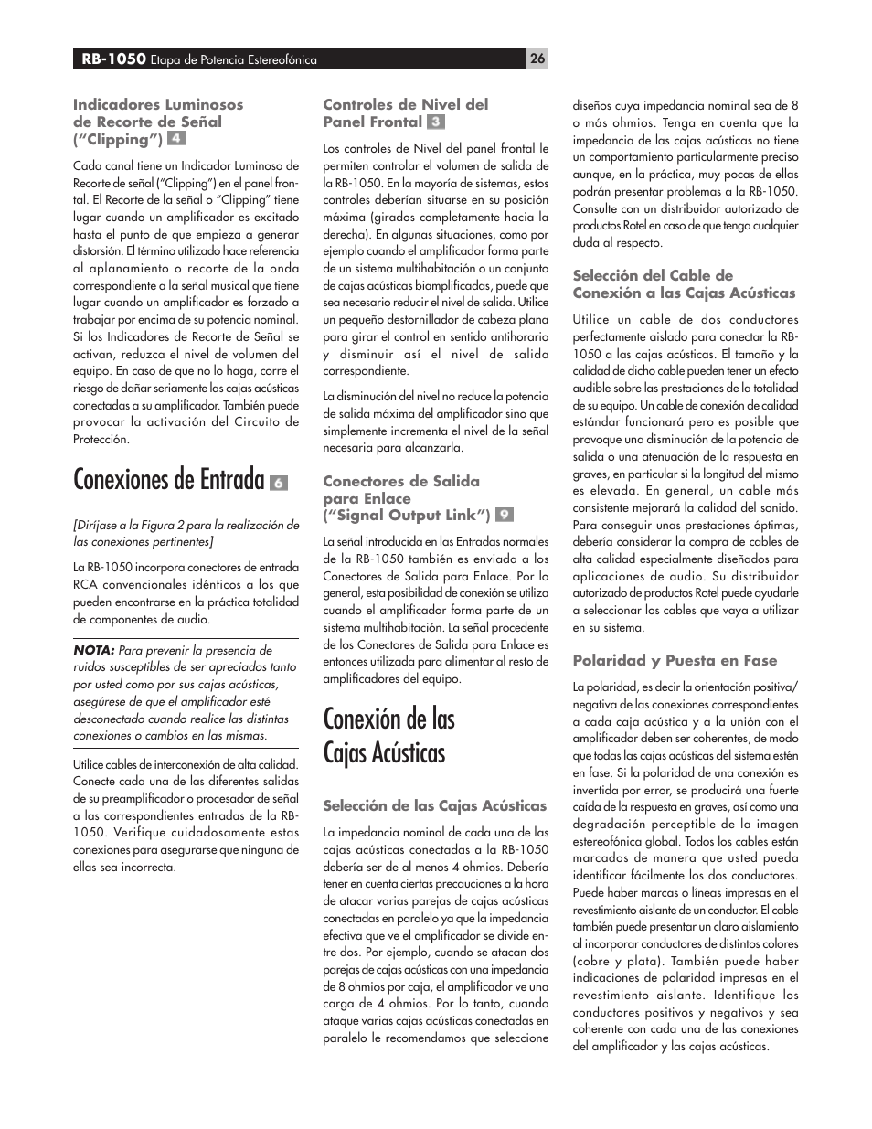 Conexiones de entrada, Conexión de las cajas acústicas | ROTEL High Current Two Channel Amplifier RB-1050 User Manual | Page 26 / 34
