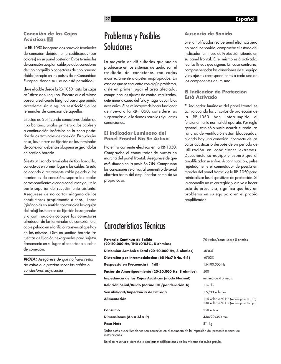 Problemas y posibles soluciones, Características técnicas | ROTEL High Current Two Channel Amplifier RB-1050 User Manual | Page 27 / 34