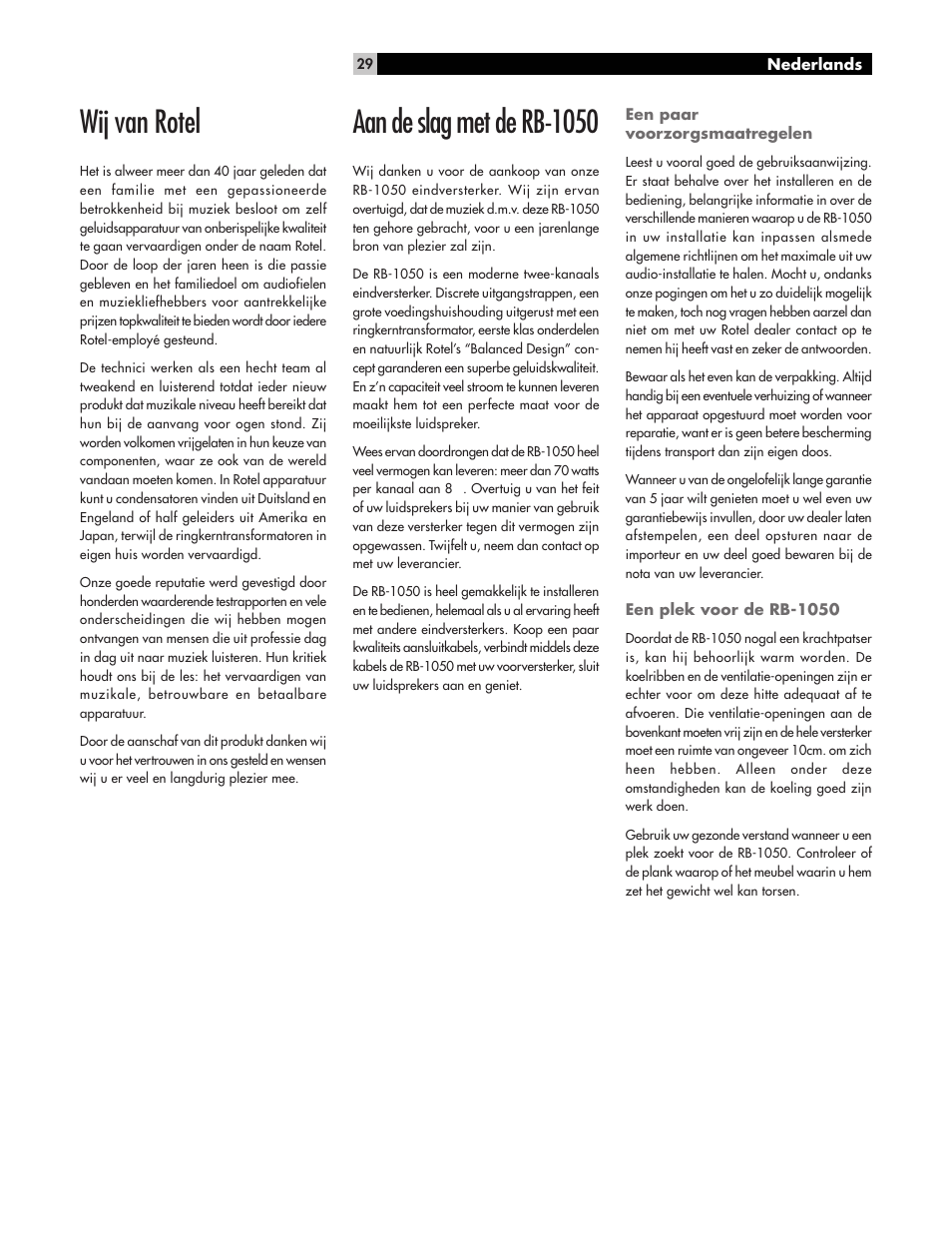 Wij van rotel, Aan de slag met de rb-1050 | ROTEL High Current Two Channel Amplifier RB-1050 User Manual | Page 29 / 34