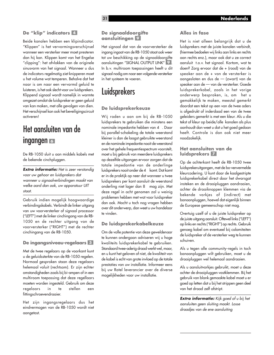 Het aansluiten van de ingangen, Luidsprekers | ROTEL High Current Two Channel Amplifier RB-1050 User Manual | Page 31 / 34