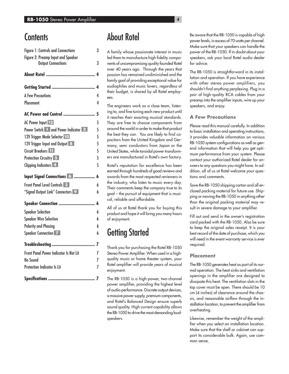 ROTEL High Current Two Channel Amplifier RB-1050 User Manual | Page 4 / 34