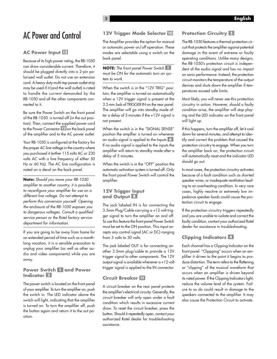 Ac power and control | ROTEL High Current Two Channel Amplifier RB-1050 User Manual | Page 5 / 34