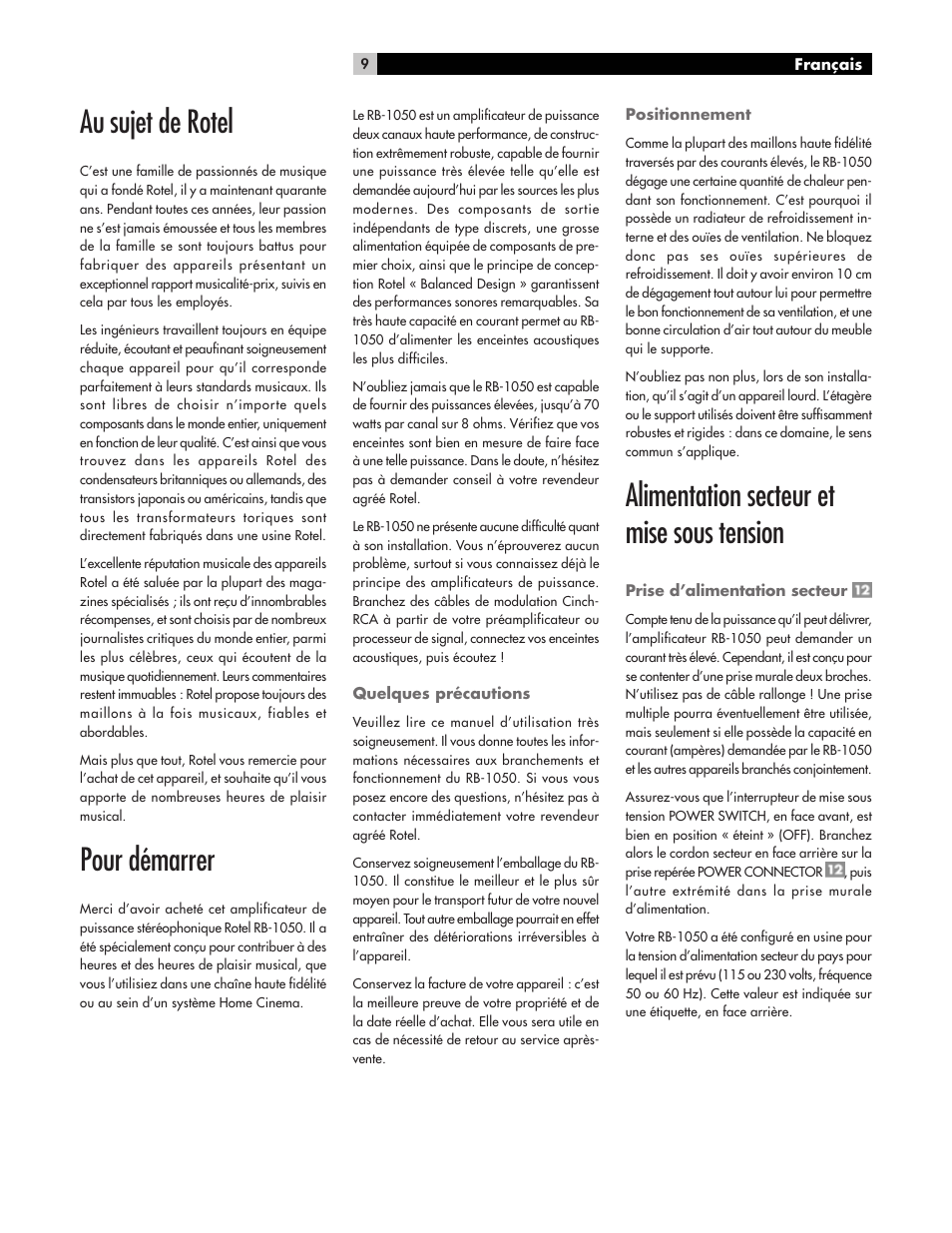 Au sujet de rotel, Pour démarrer, Alimentation secteur et mise sous tension | ROTEL High Current Two Channel Amplifier RB-1050 User Manual | Page 9 / 34