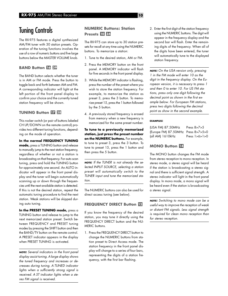 Tuning controls | ROTEL RX-975 User Manual | Page 10 / 16