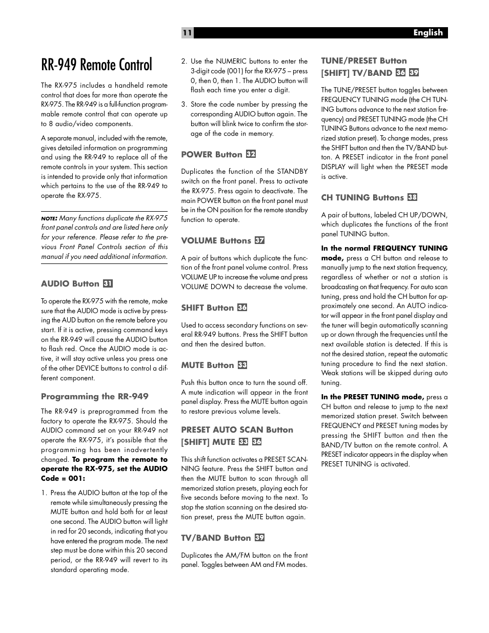 Rr-949 remote control | ROTEL RX-975 User Manual | Page 11 / 16