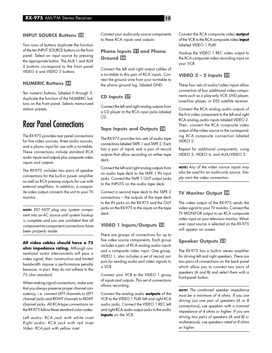 Rear panel connections | ROTEL RX-975 User Manual | Page 12 / 16