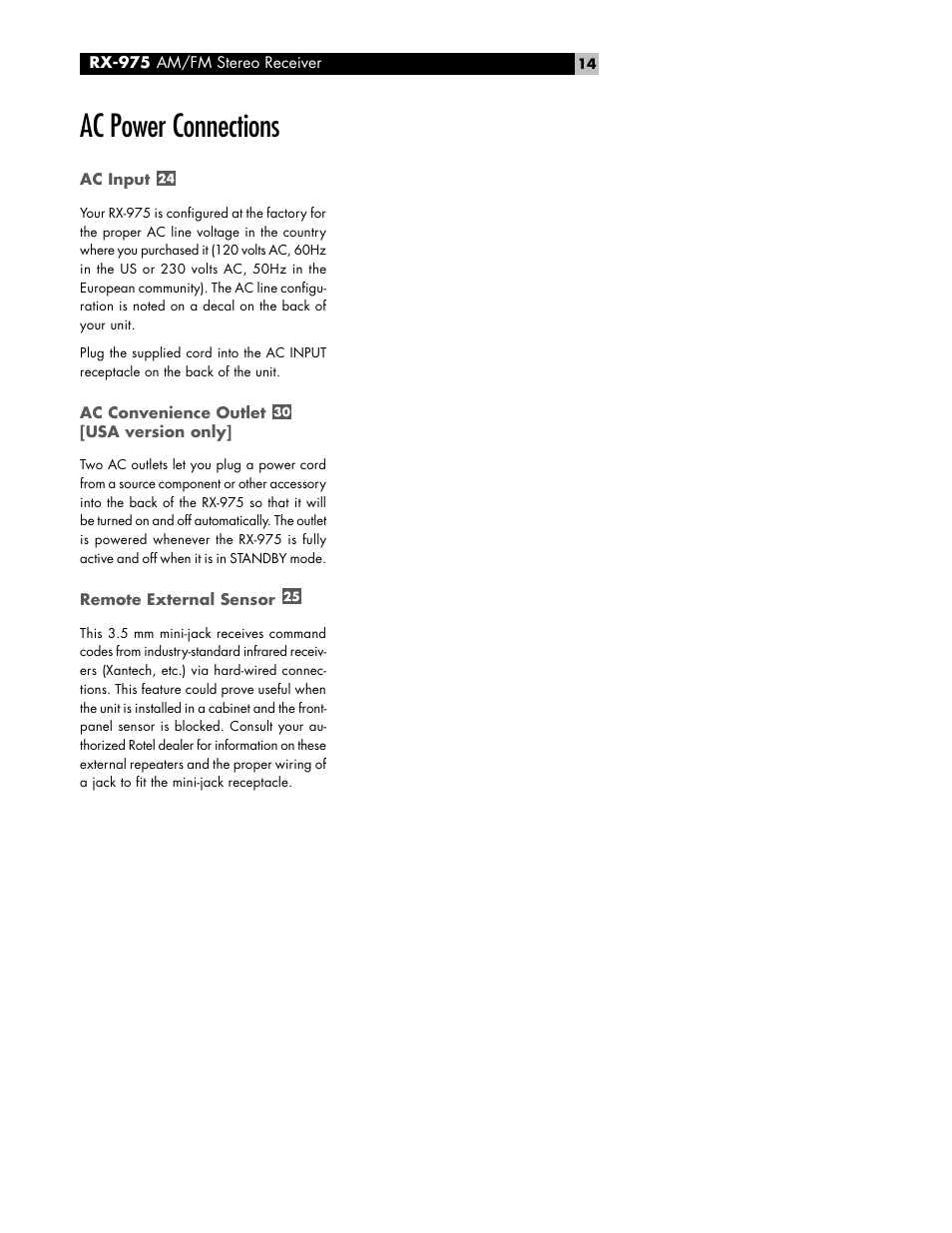 Ac power connections | ROTEL RX-975 User Manual | Page 14 / 16