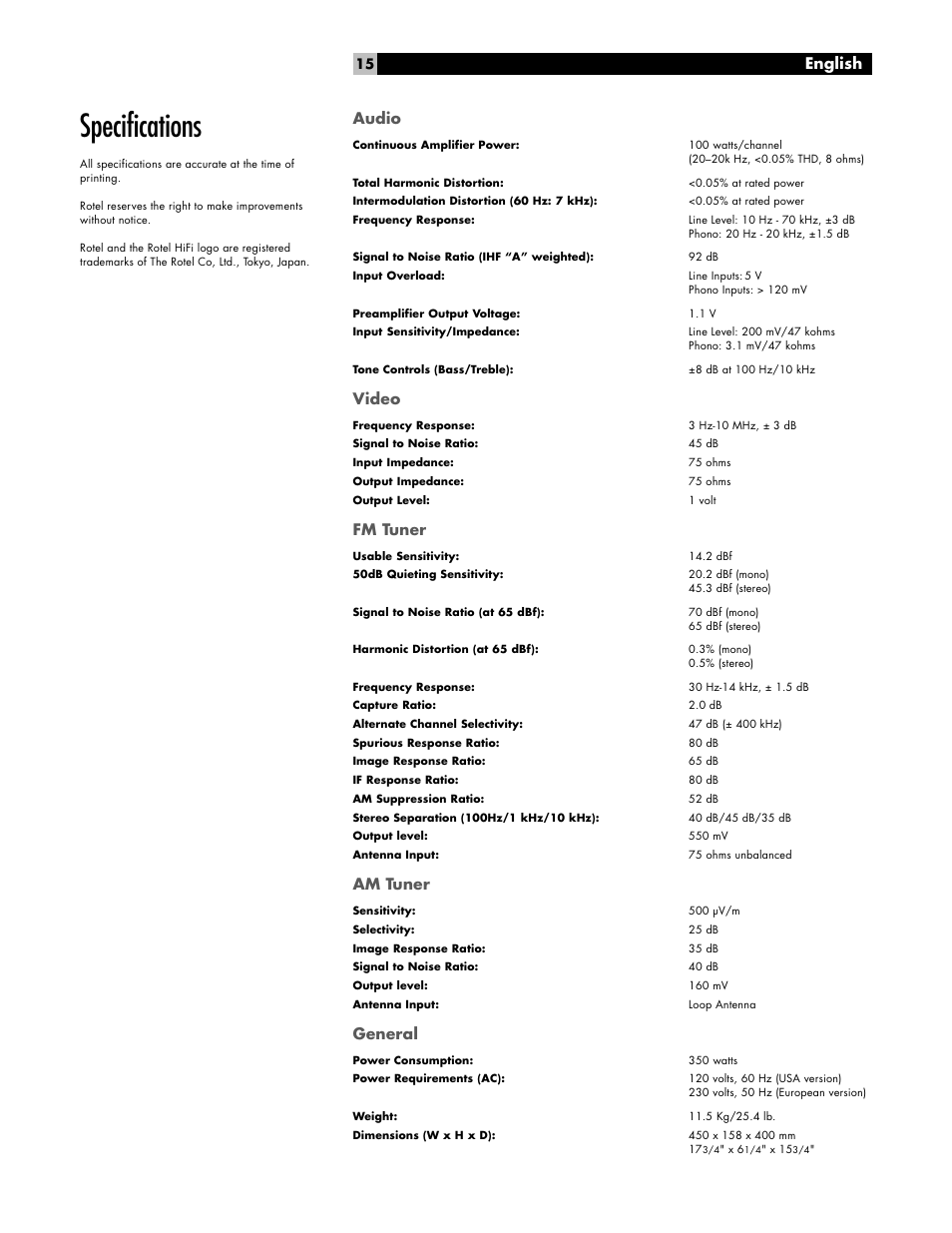 Specifications, Audio, Video | Fm tuner, Am tuner, General, English | ROTEL RX-975 User Manual | Page 15 / 16