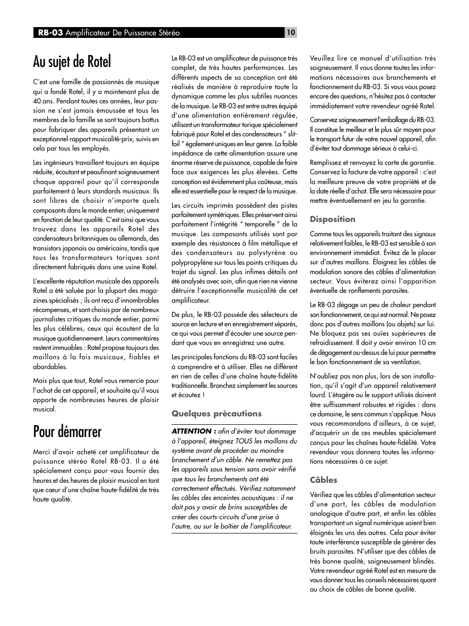 Disposition, Câbles, Au sujet de rotel | Pour démarrer | ROTEL RB-03 User Manual | Page 10 / 40