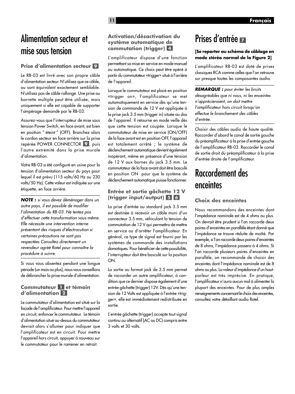 Interrupteur de mise sous tension et indicateur, Prises d’entrée, Raccordement des enceintes choix des enceintes | Choix des câbles d’enceintes, Alimentation secteur et mise sous tension, Raccordement des enceintes | ROTEL RB-03 User Manual | Page 11 / 40