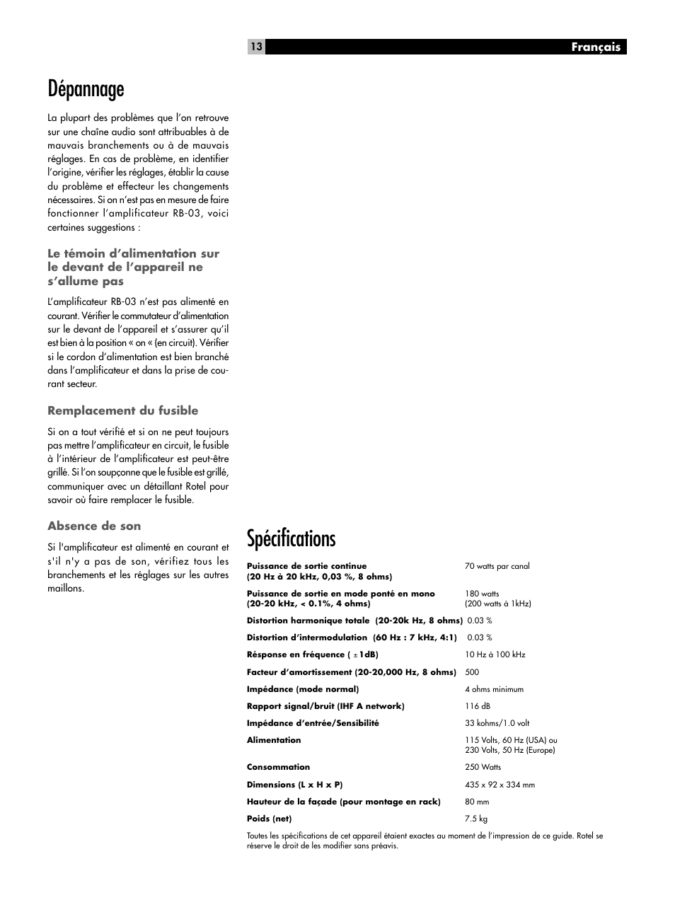 Remplacement du fusible, Absence de son, Spécifications | Dépannage | ROTEL RB-03 User Manual | Page 13 / 40