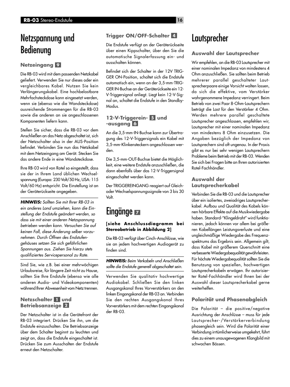 Netzschalter, Und betriebsanzeige, Trigger on/off-schalter | V-triggerein, Und -ausgang, Eingänge, Lautsprecher auswahl der lautsprecher, Auswahl der lautsprecherkabel, Polarität und phasenabgleich, Netzspannung und bedienung | ROTEL RB-03 User Manual | Page 16 / 40