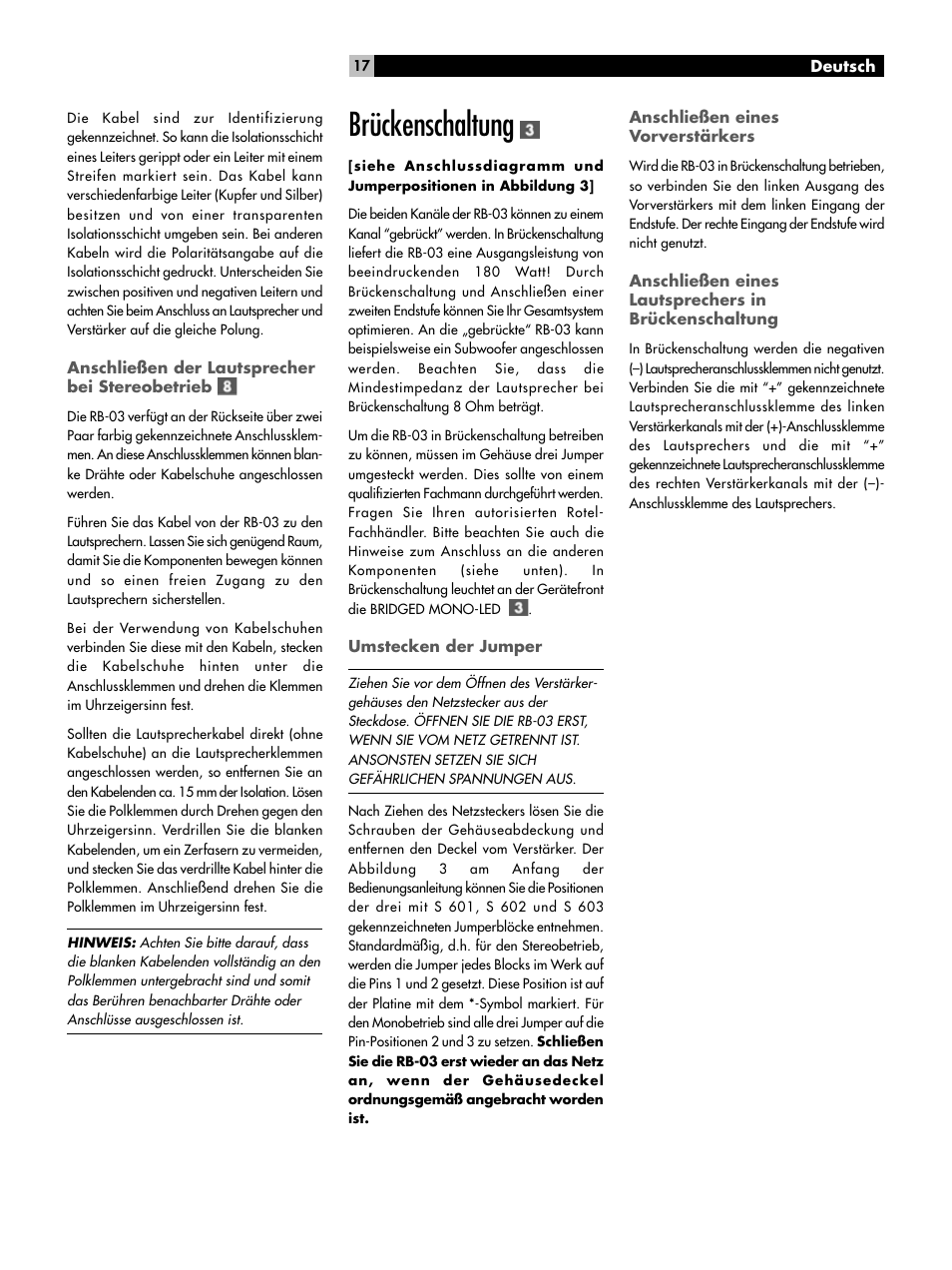 Anschließen der lautsprecher bei stereobetrieb, Brückenschaltung, Umstecken der jumper | Anschließen eines vorverstärkers, Bei störungen | ROTEL RB-03 User Manual | Page 17 / 40