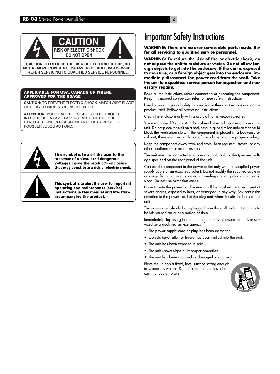 Caution, Important safety instructions | ROTEL RB-03 User Manual | Page 2 / 40