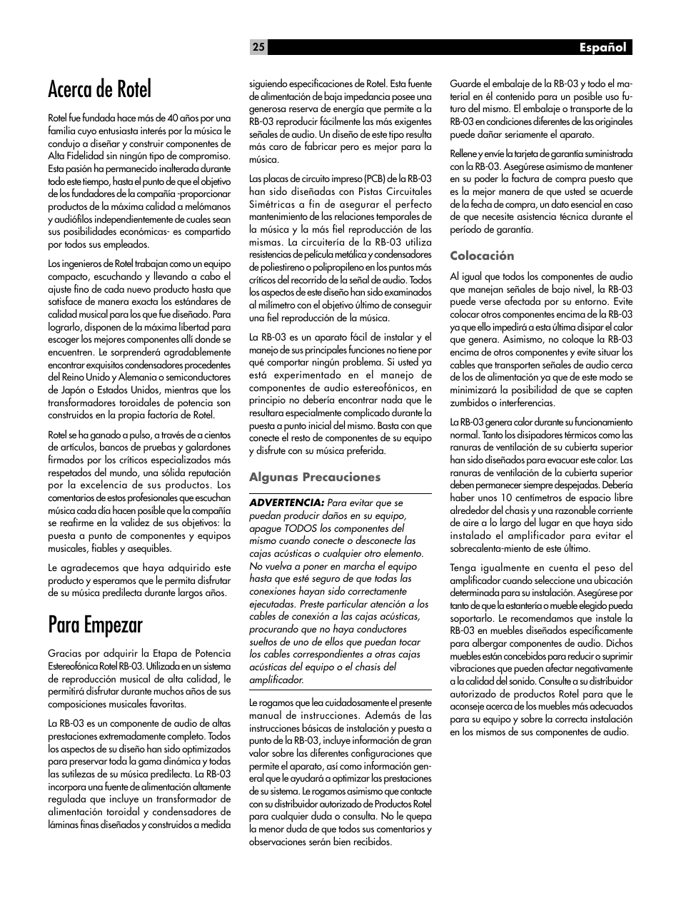 Acerca de rotel para empezar algunas precauciones, Colocación, Cables | Acerca de rotel, Para empezar | ROTEL RB-03 User Manual | Page 25 / 40
