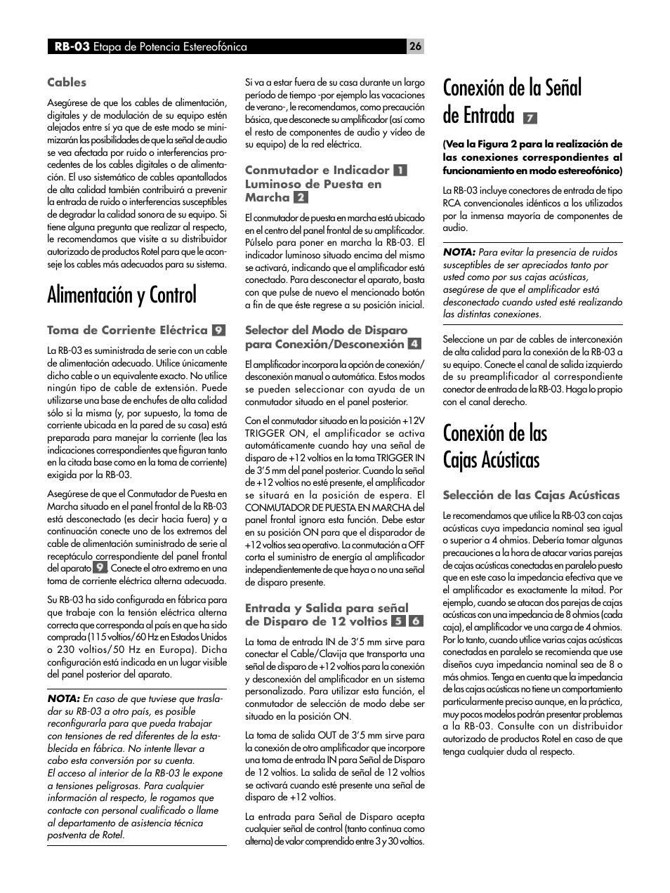 Alimentación y control toma de corriente eléctrica, Conmutador e indicador, Luminoso de puesta | En marcha, Conexión de la señal de entrada, Alimentación y control, Conexión de las cajas acústicas | ROTEL RB-03 User Manual | Page 26 / 40
