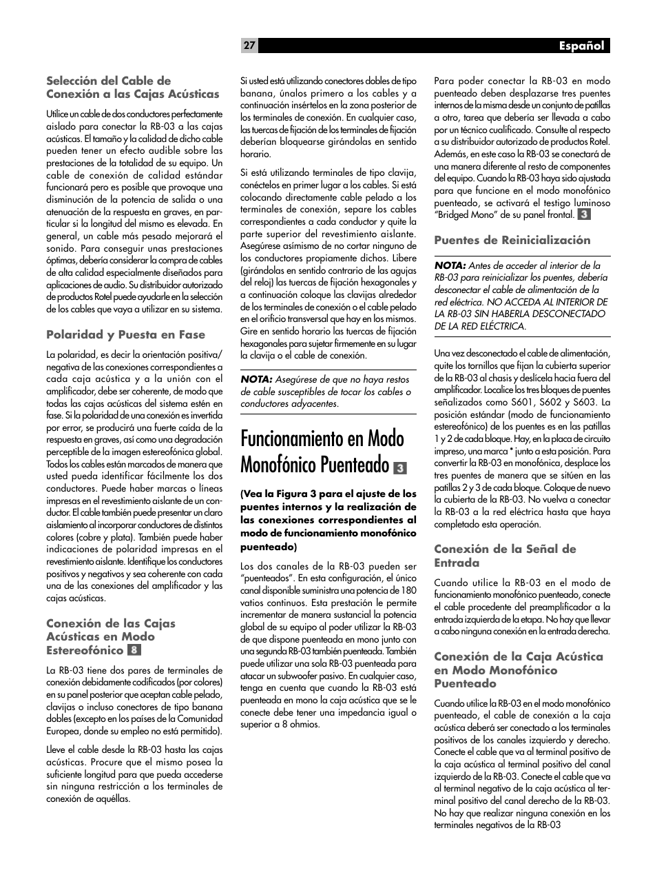 Polaridad y puesta en fase, Funcionamiento en modo monofónico puenteado, Puentes de reinicialización | Conexión de la señal de entrada, Problemas y posibles soluciones | ROTEL RB-03 User Manual | Page 27 / 40