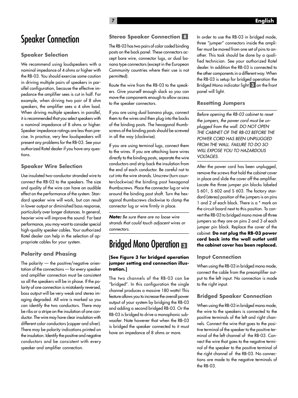 Speaker connection speaker selection, Speaker wire selection, Polarity and phasing | Stereo speaker connection, Bridged mono operation, Resetting jumpers, Input connection, Bridged speaker connection, Speaker connection | ROTEL RB-03 User Manual | Page 7 / 40