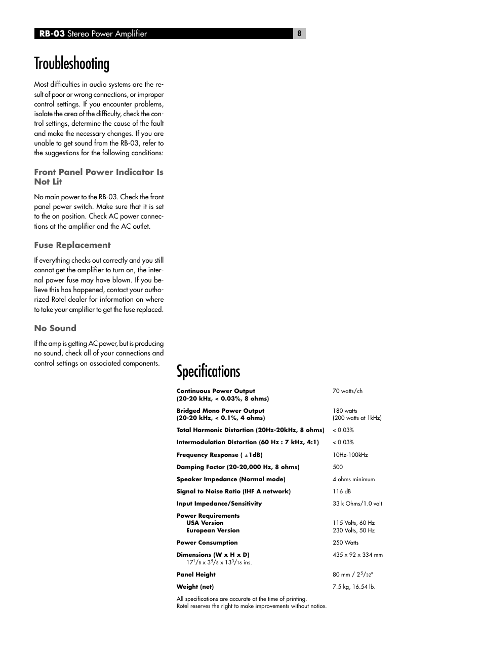 Fuse replacement, No sound, Specifications | Troubleshooting, Rb-03 stereo power amplifier, Front panel power indicator is not lit | ROTEL RB-03 User Manual | Page 8 / 40