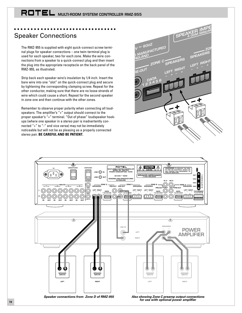 Speaker connections, Power amplifier, Speaker imped | Multi-room system controller rmz-955, 60hz d manuf actured ngland, Left right – + – + left right, Speaker connections from zone d of rmz-955 | ROTEL RMZ-955 User Manual | Page 10 / 32