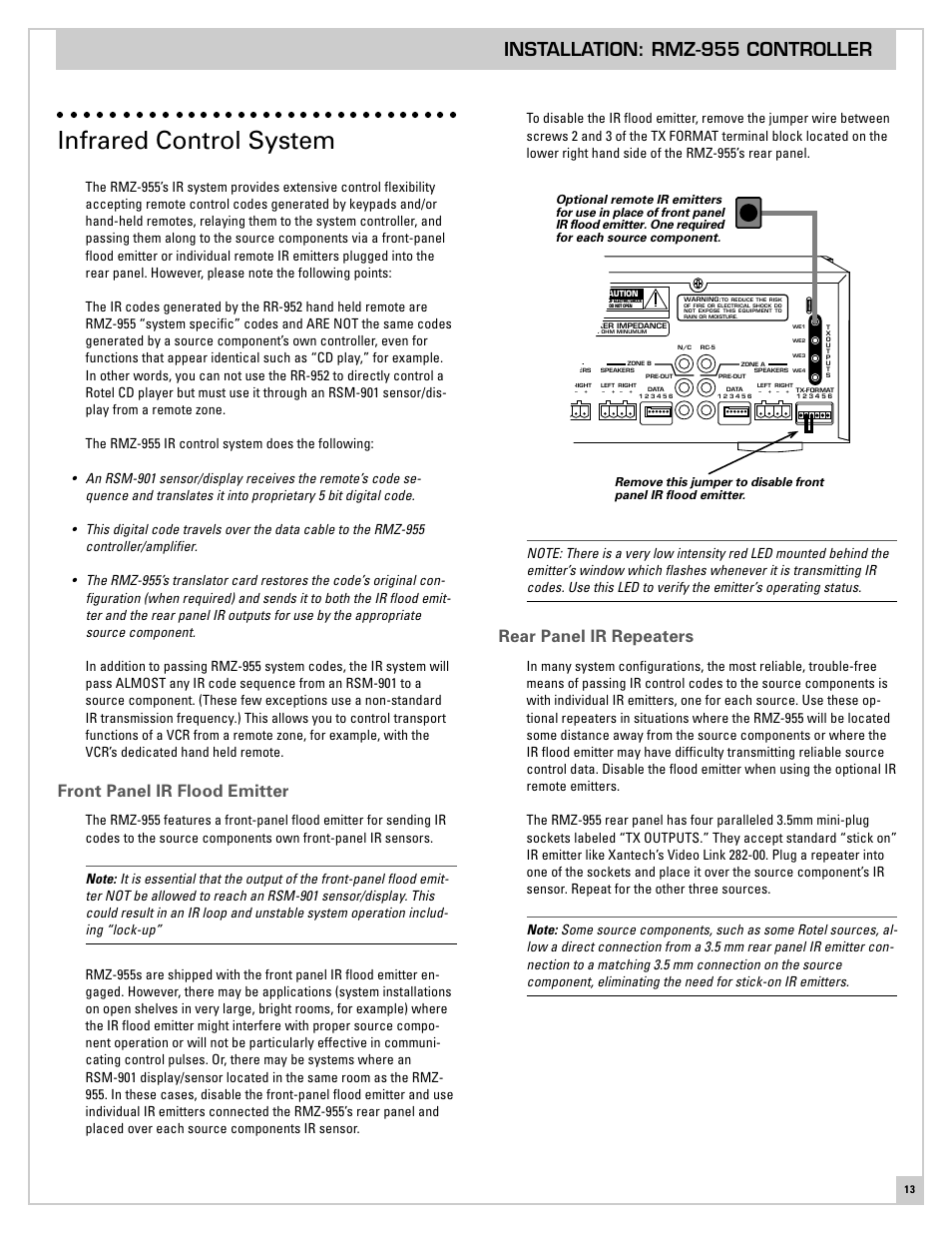 Infrared control system, Front panel ir flood emitter, Rear panel ir repeaters | Installation: rmz-955 controller | ROTEL RMZ-955 User Manual | Page 13 / 32