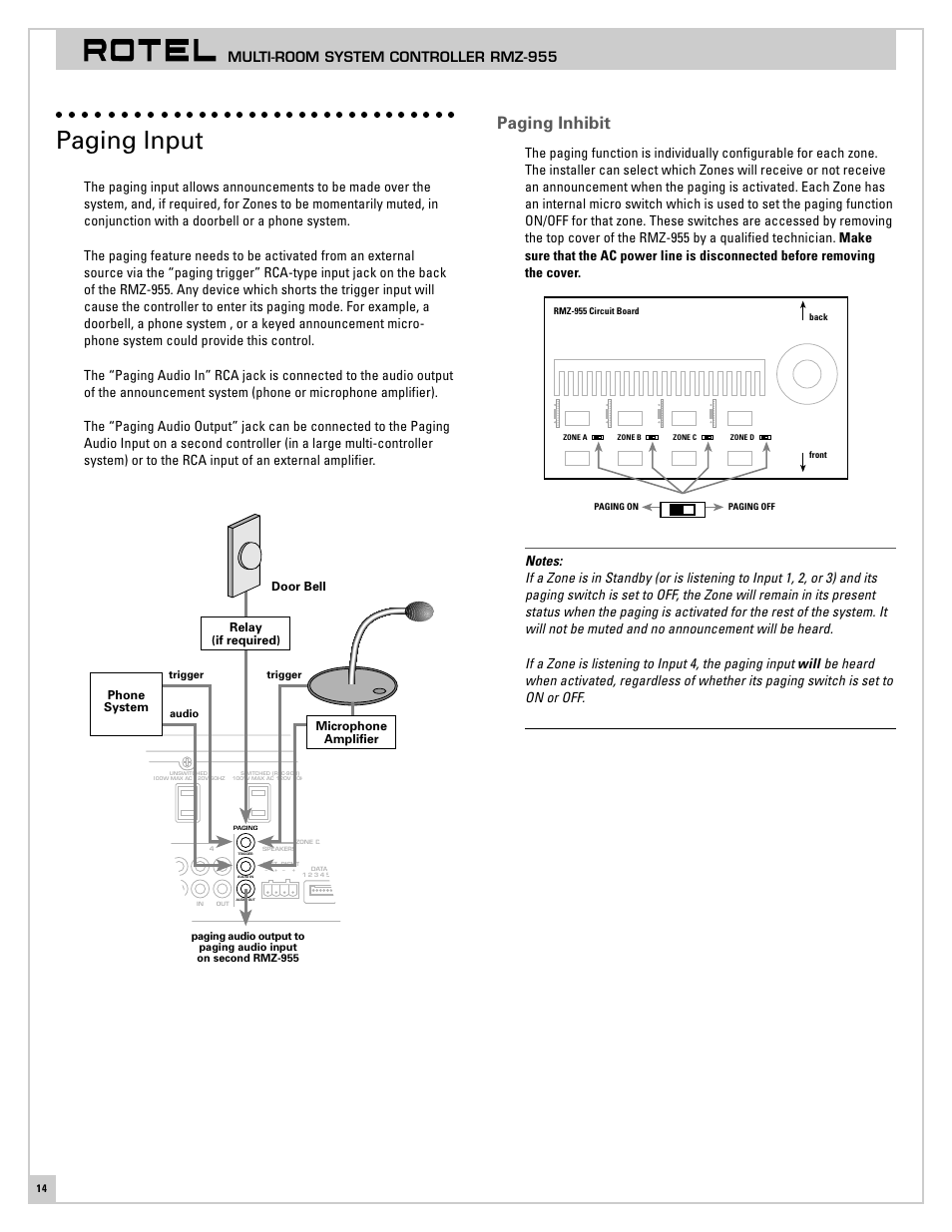Paging input, Paging inhibit, Multi-room system controller rmz-955 | ROTEL RMZ-955 User Manual | Page 14 / 32