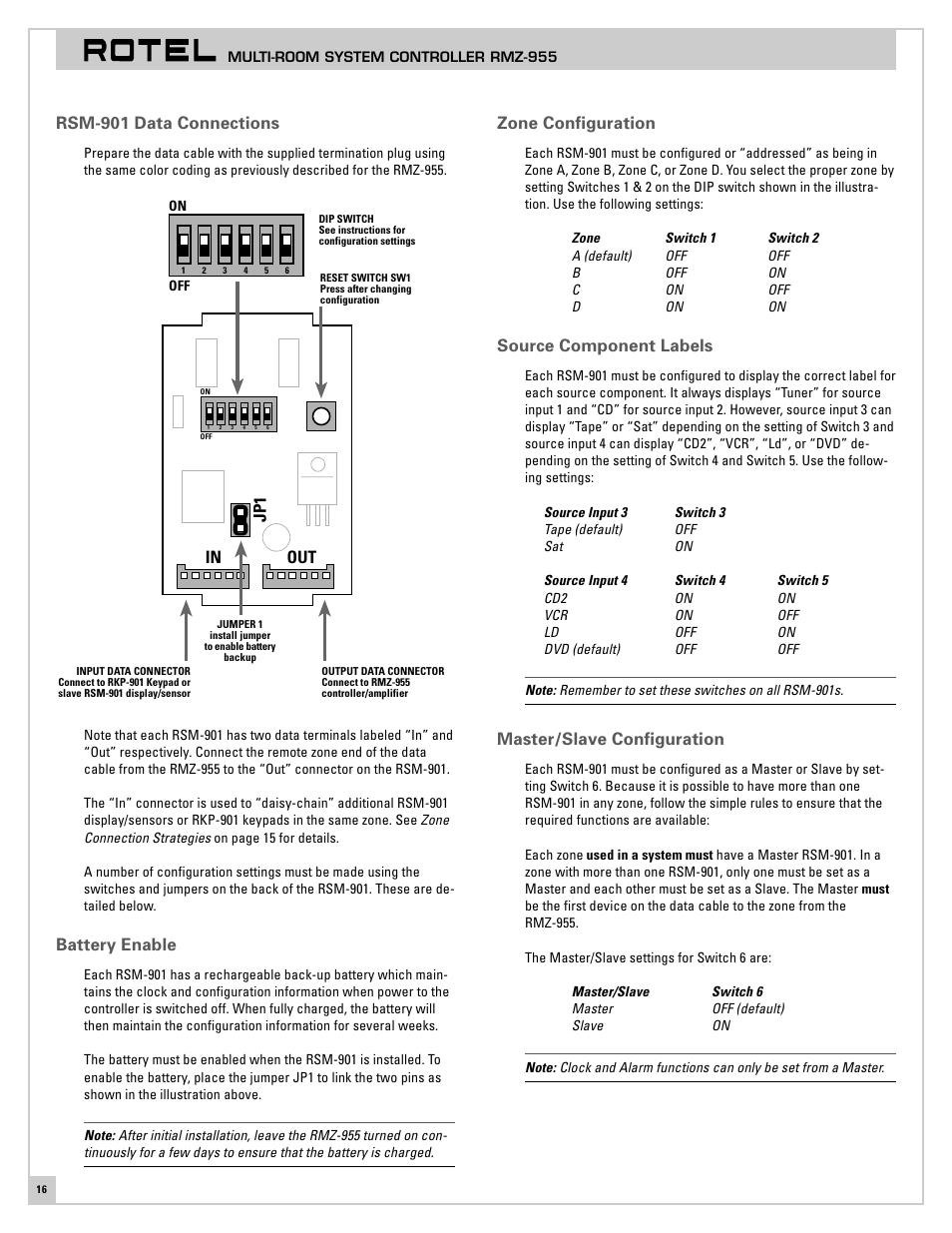 Rsm-901 data connections, Battery enable, Zone configuration | Source component labels, Master/slave configuration, Out in jp1 | ROTEL RMZ-955 User Manual | Page 16 / 32