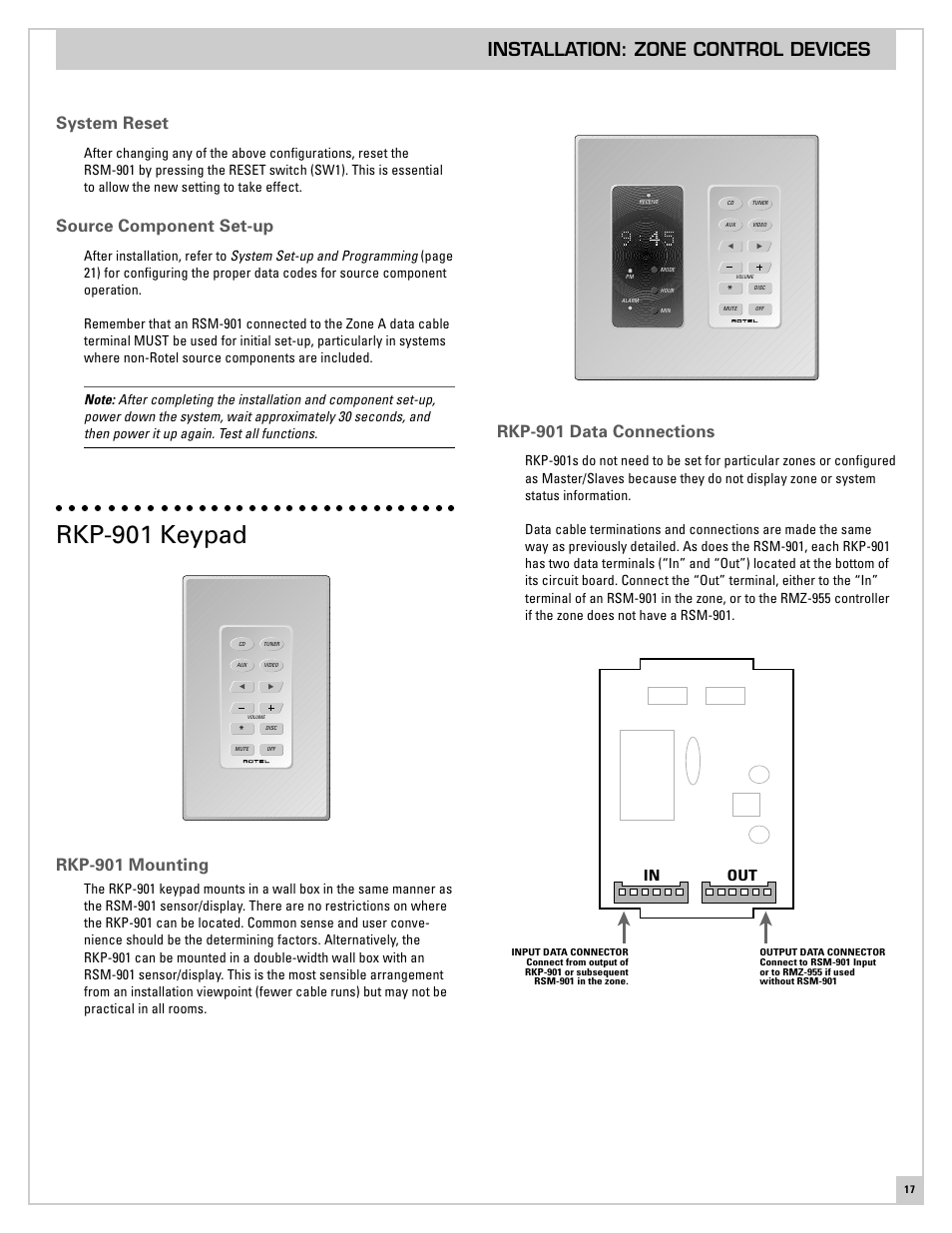 System reset, Source component set-up, Rkp-901 keypad | Rkp-901 mounting, Rkp-901 data connections, Installation: zone control devices, Out in | ROTEL RMZ-955 User Manual | Page 17 / 32