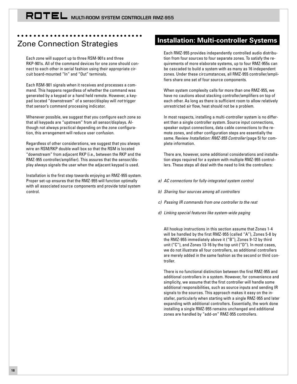 Zone connection strategies, Installation: multi-controller systems | ROTEL RMZ-955 User Manual | Page 18 / 32