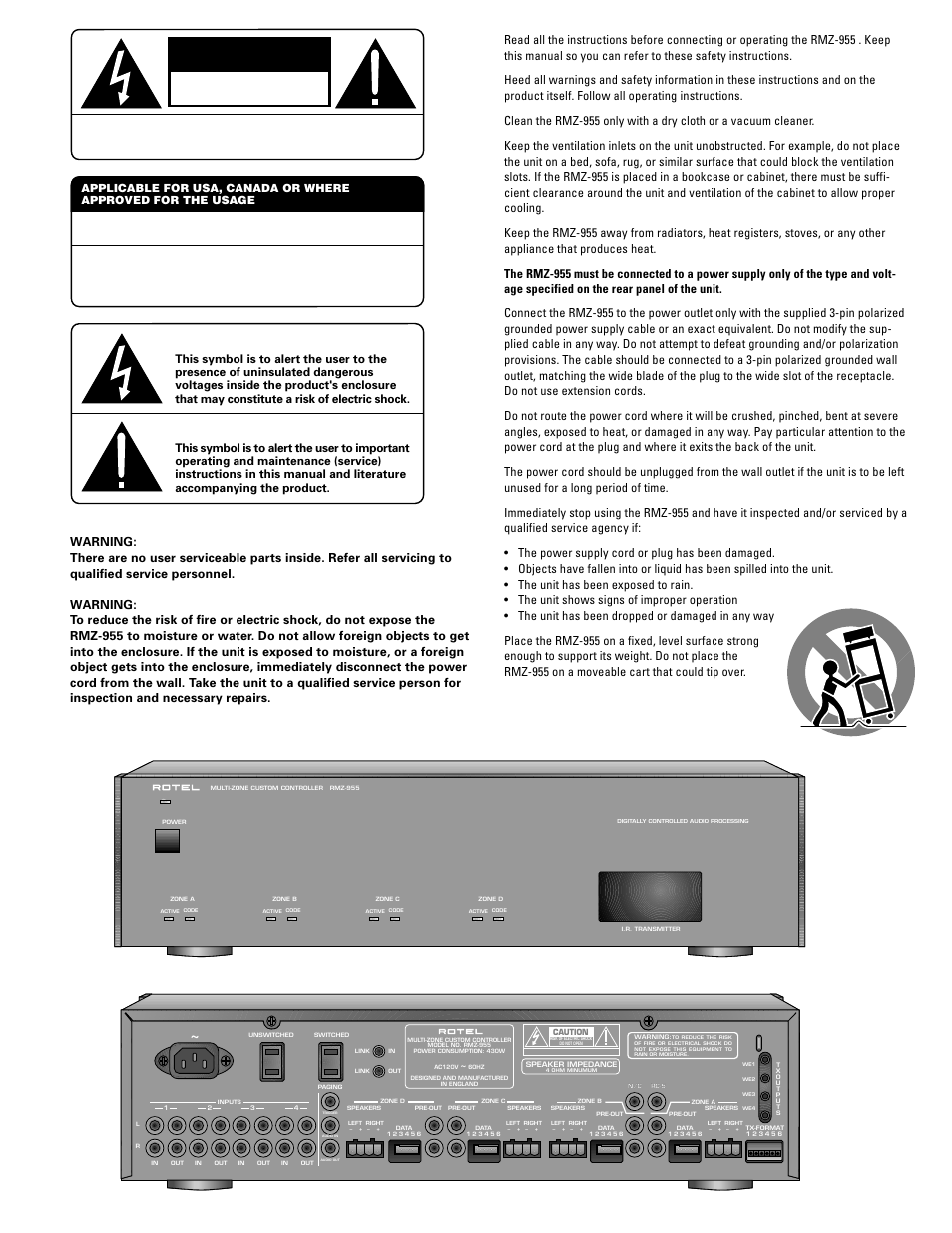 Caution, Risk of electric shock do not open, Multi-room system controller rmz-955 | ROTEL RMZ-955 User Manual | Page 2 / 32