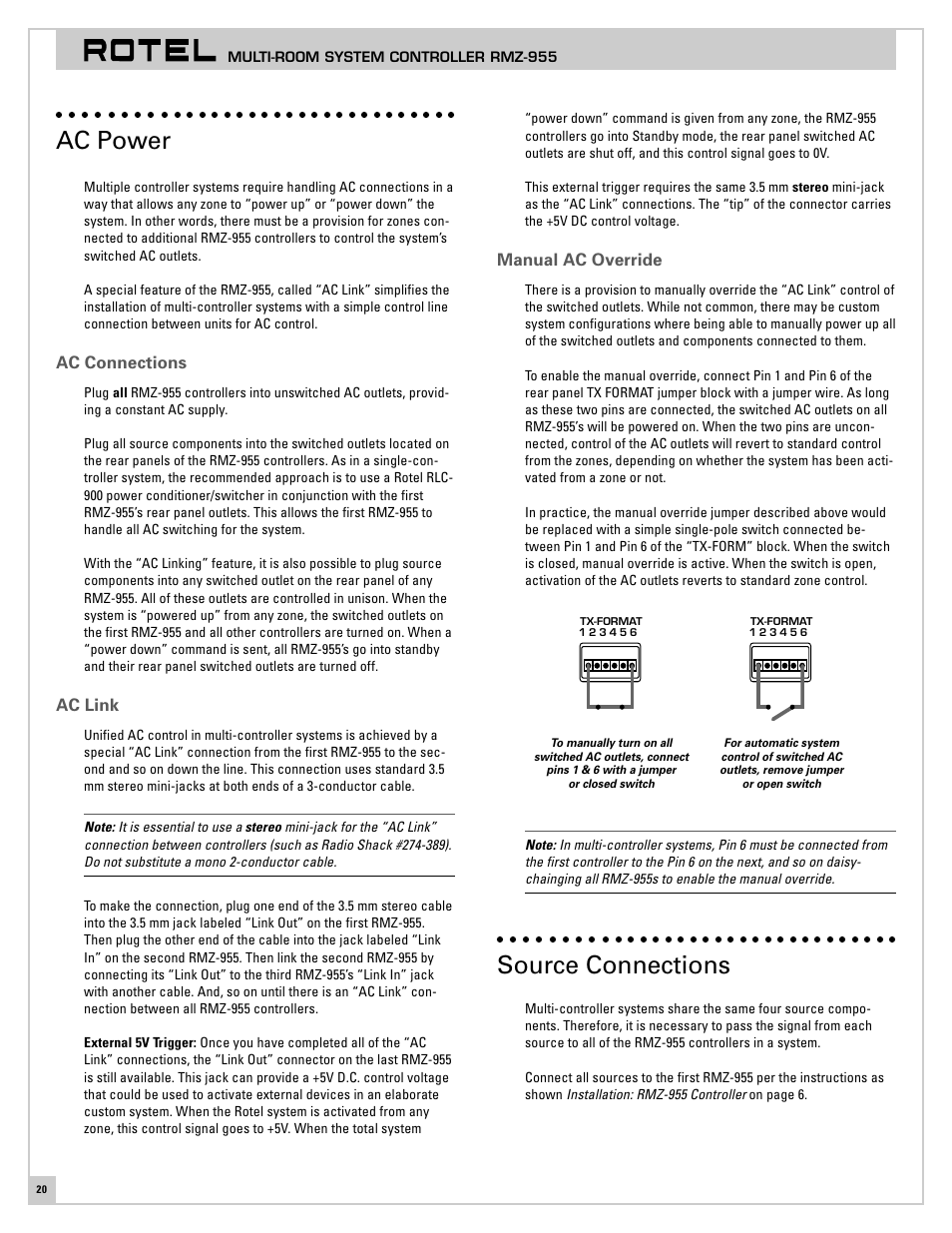 Ac power, Ac connections, Ac link | Manual ac override, Source connections | ROTEL RMZ-955 User Manual | Page 20 / 32