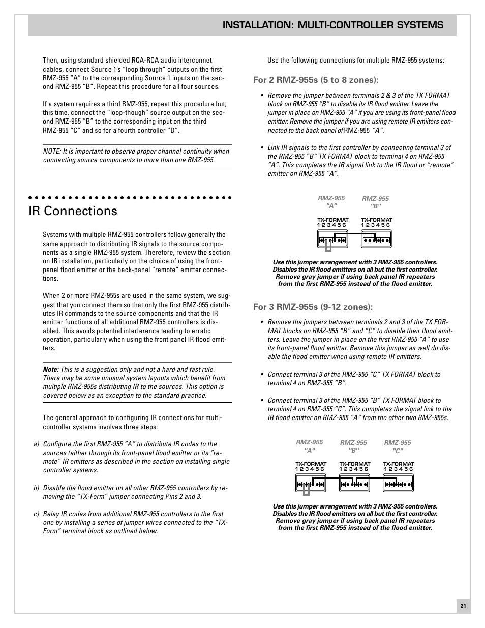 Ir connections, For 2 rmz-955s (5 to 8 zones), For 3 rmz-955s (9-12 zones) | Installation: multi-controller systems | ROTEL RMZ-955 User Manual | Page 21 / 32